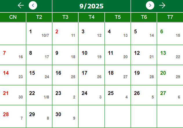 Lịch tháng 9/2025