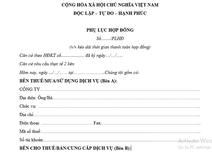 Mẫu phụ lục gia hạn thời gian thanh toán 2025