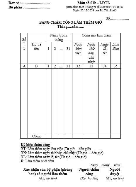 bảng chấm công làm thêm giờ