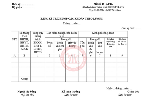 Bảng kê trích nộp các khoản theo lương
