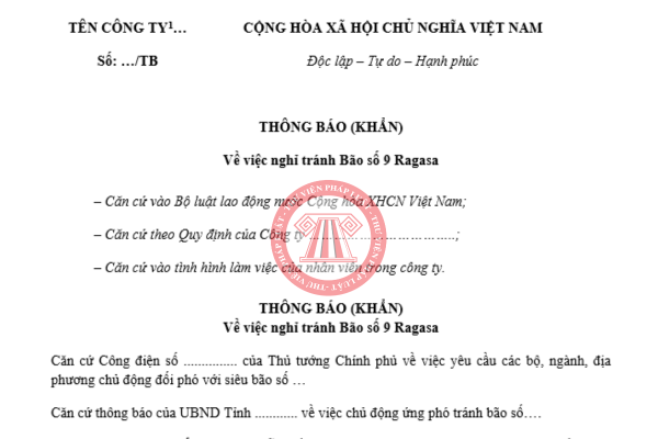 Tải về mẫu thông báo nghỉ Bão số 9 Ragasa dành cho công ty