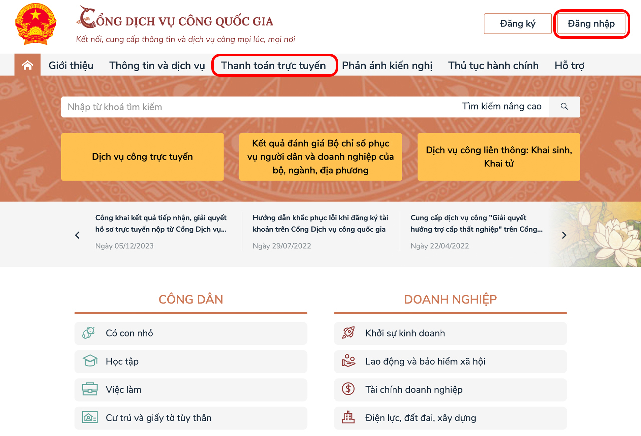 đóng thuế đất online
