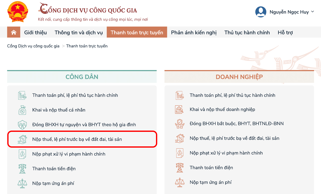 đóng thuế đất online