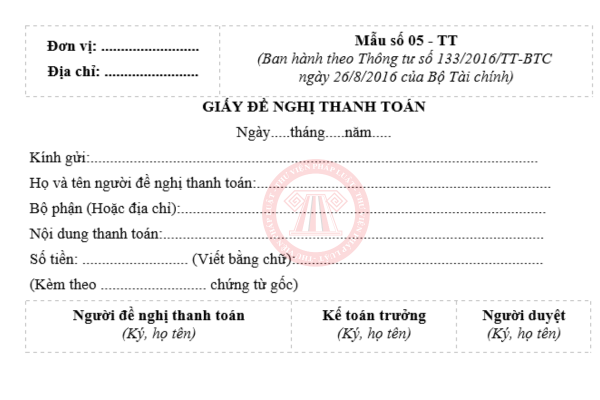 giấy đề nghị thanh toán theo thông tư 133
