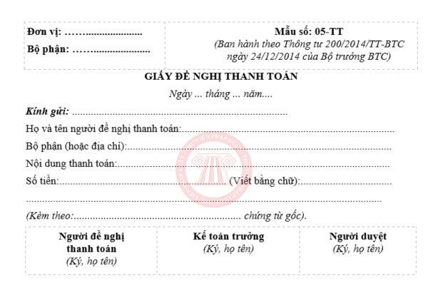 giấy đề nghị thanh toán theo thông tư 200