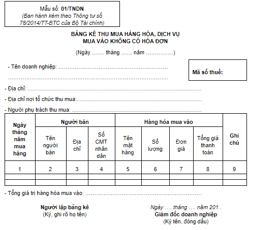 Mẫu bảng kê 01/TNDN