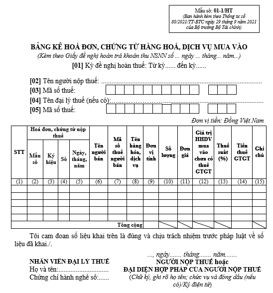 Mẫu bảng kê hóa đơn mua vào