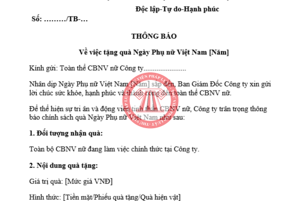 Mẫu thông báo tặng quà 20/10 cho nhân viên mới nhất 2025