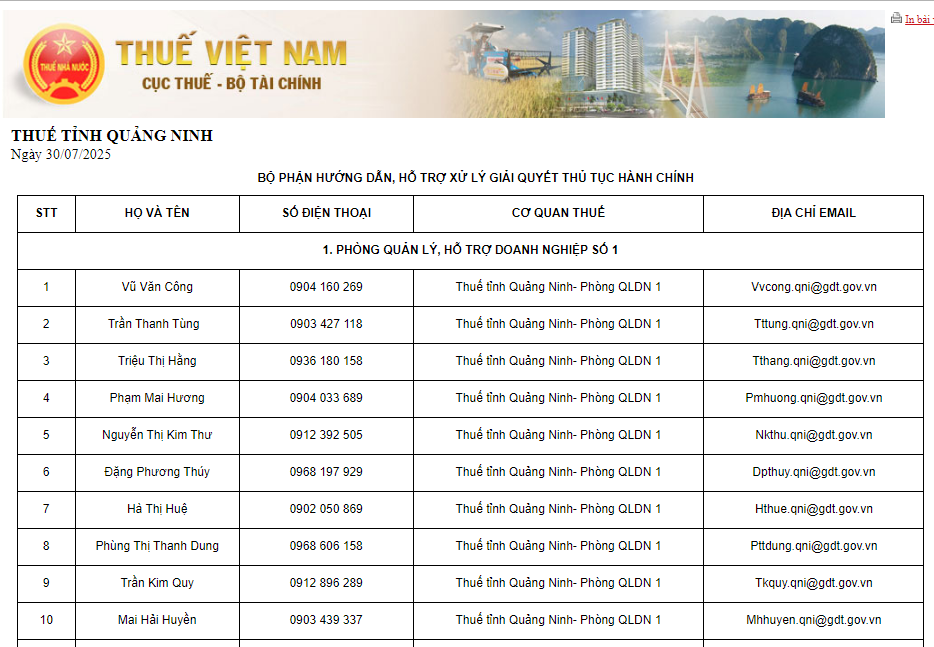 thông tin liên hệ cán bộ thuế