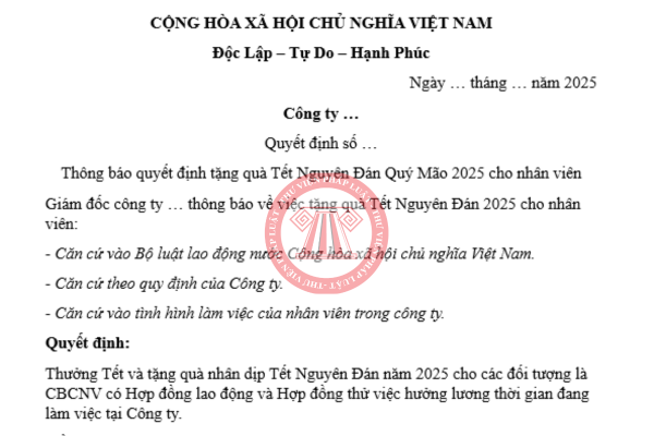 Mẫu thông báo tặng quà Tết 2026 cho nhân viên mới nhất hiện nay