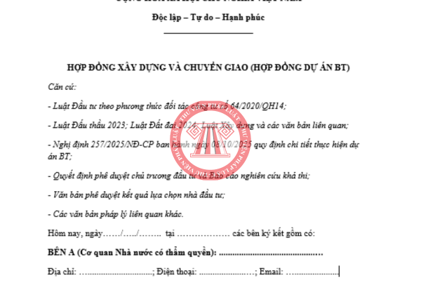 Tải về file word mẫu hợp đồng BT mới nhất 2025
