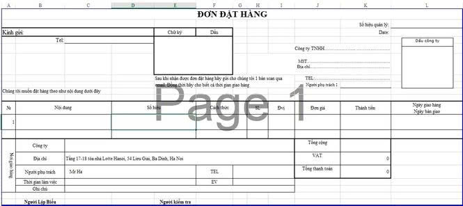 đơn đặt hàng excel