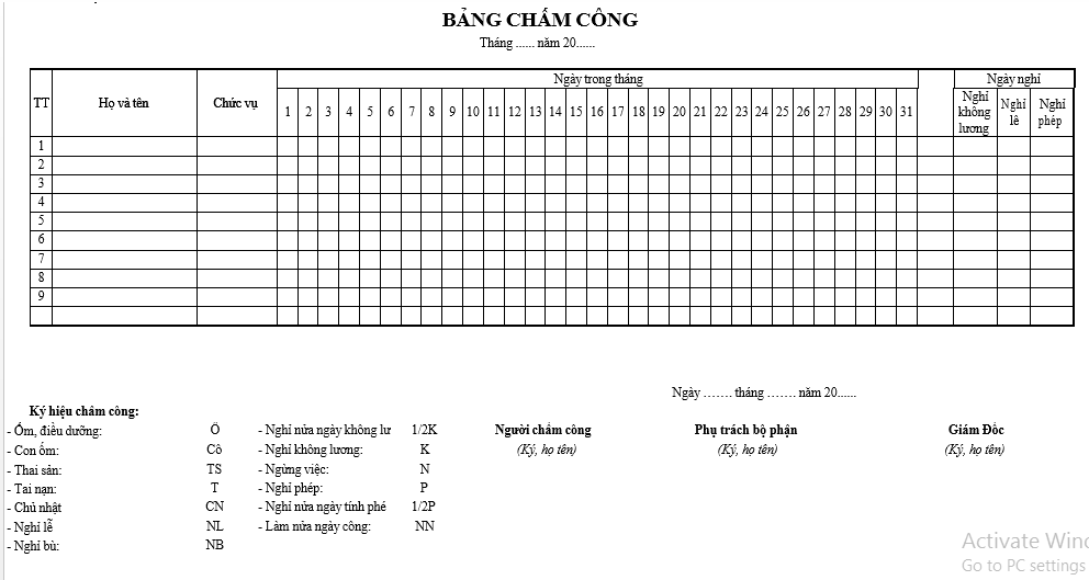 file word mẫu bảng chấm công 2025