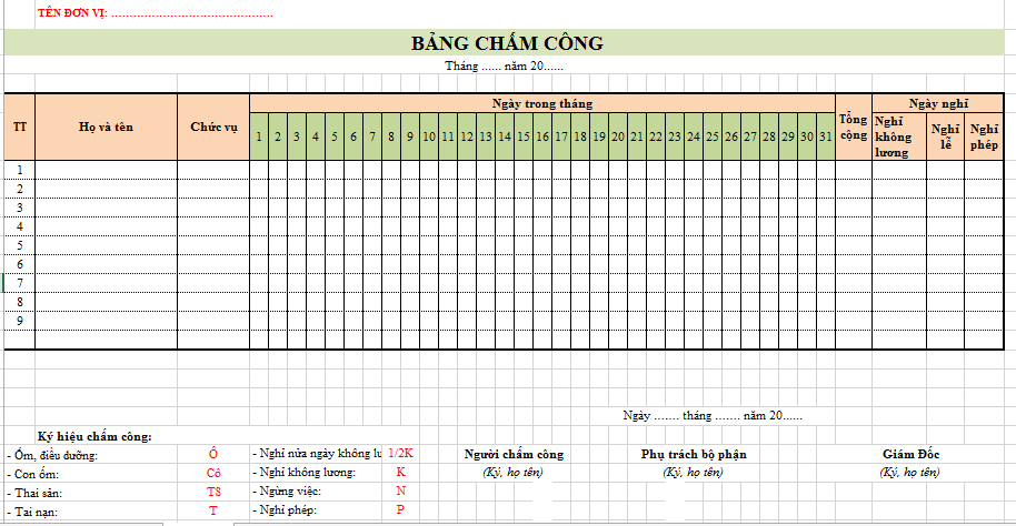 file excel mẫu bảng chấm công 2025