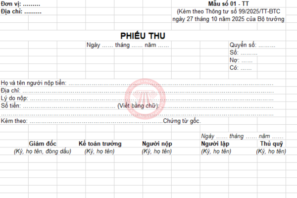 mẫu phiếu thu 2026 excel