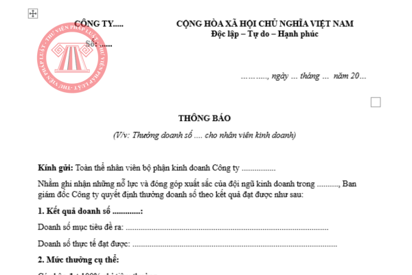 Mẫu thông báo thưởng doanh số cuối năm cho nhân viên