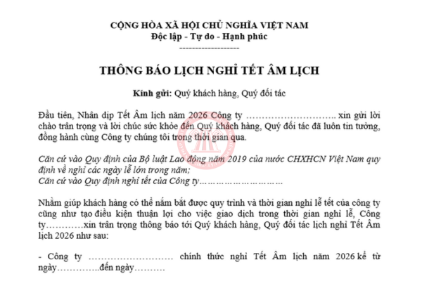 mẫu thông báo nghỉ tết âm lịch