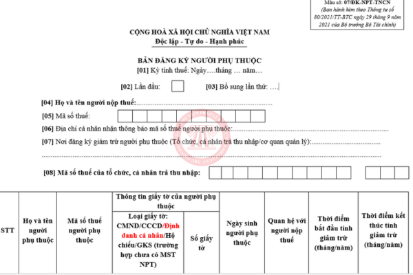 mẫu 07 đăng ký người phụ thuộc