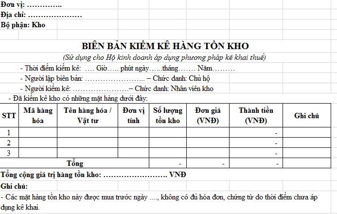 mẫu biên bản kiểm kê hàng tồn kho 2025 hộ kinh doanh