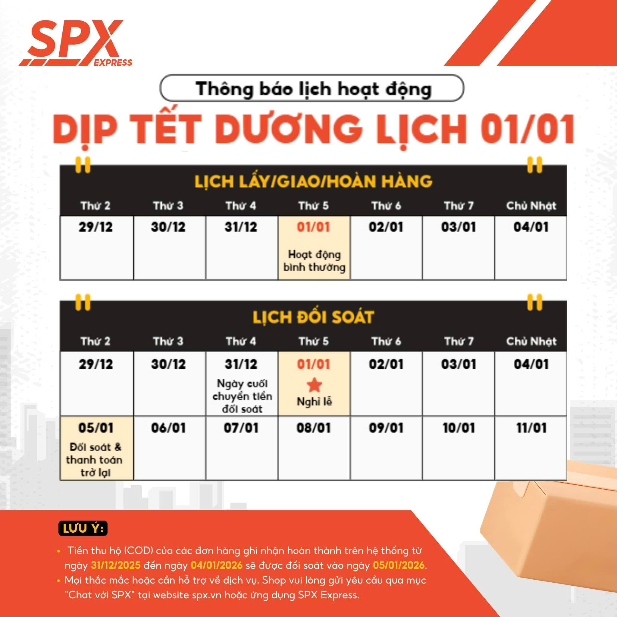 Lịch hoạt động Tết Dương lịch 2026 của SPX Express