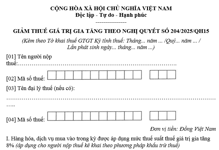 Mẫu đề nghị giảm thuế GTGT 2026