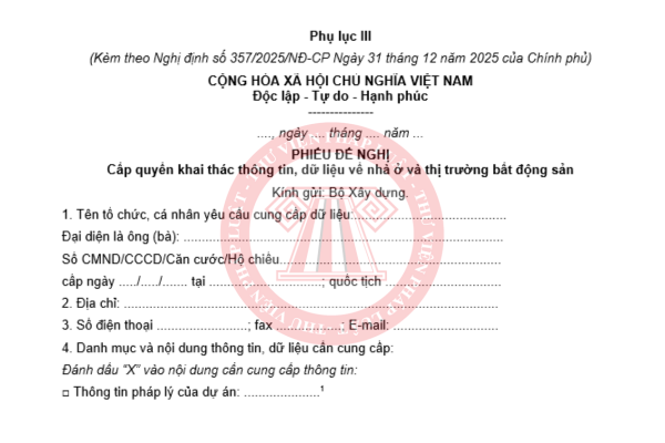 Phiếu đề nghị cấp quyền khai thác dữ liệu về nhà ở và thị trường bất động sản 2026