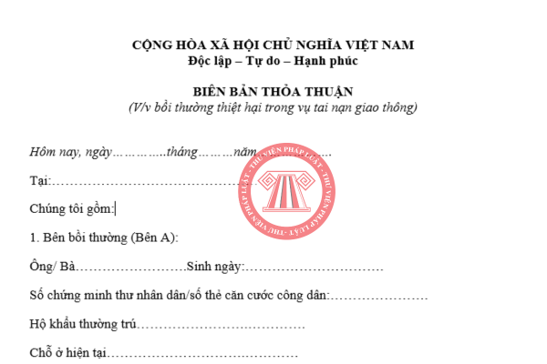 Mẫu biên bản thỏa thuận bồi thường thiệt hại tai nạn giao thông 2026 thông dụng