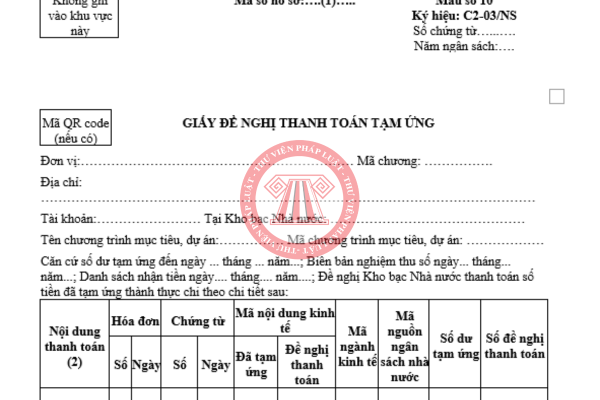 Mẫu số 10 Nghị định 347 (Mẫu giấy đề nghị thanh toán tạm ứng 2026)
