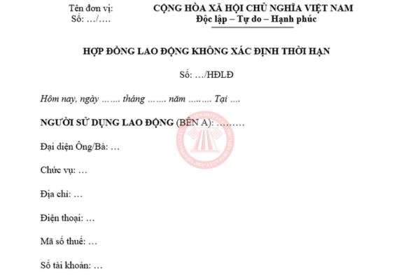 mẫu hợp đồng lao động không xác định thời hạn