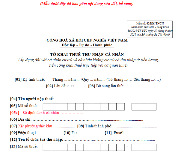 Tờ khai thuế TNCN mẫu 02/KK-TNCN 2026