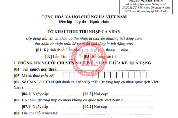 Tải Mẫu số 03/BĐS-TNCN PDF - Mẫu tờ khai thuế thu nhập cá nhân 2026