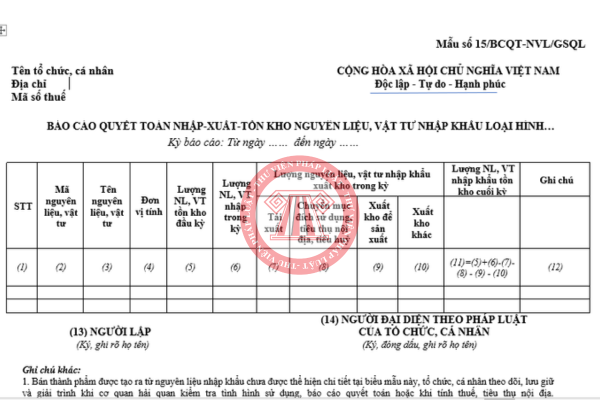 Tải về mẫu 15/BCQT-NVL/GSQL theo Thông tư 121/2025/TT-BTC