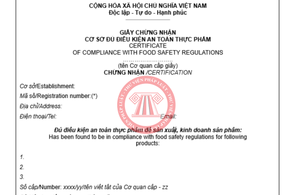 Mẫu giấy chứng nhận cơ sở đủ điều kiện an toàn thực phẩm