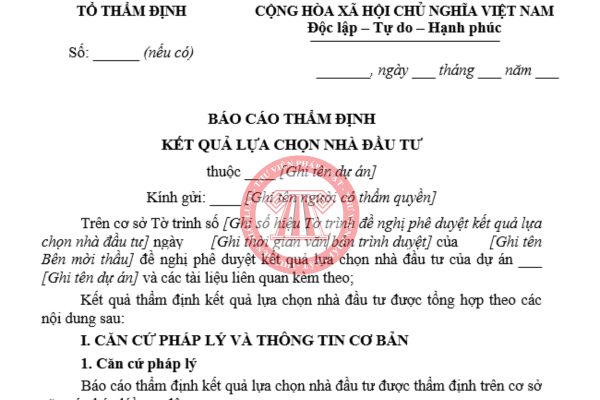 Mẫu báo cáo thẩm định kết quả lựa chọn nhà đầu tư 2026 đối với dự án đầu tư kinh doanh