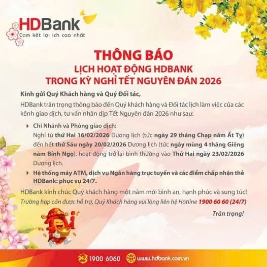 Lịch nghỉ Tết Âm lịch 2026 Ngân hàng HDBank