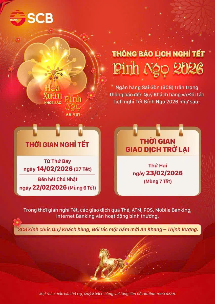 Lịch nghỉ Tết Nguyên đán Bính Ngọ 2026 Ngân hàng SCB 