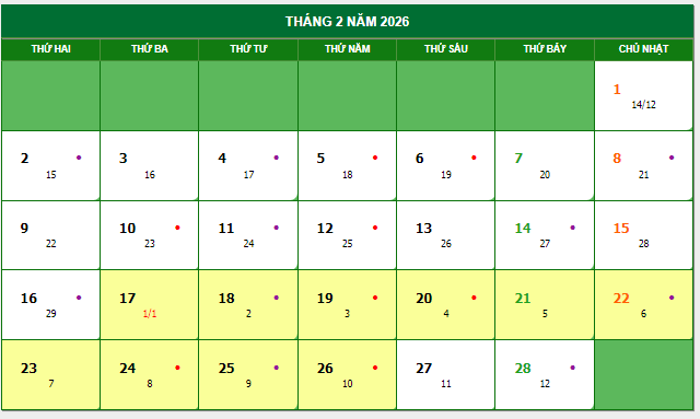 lịch tháng 2/2026