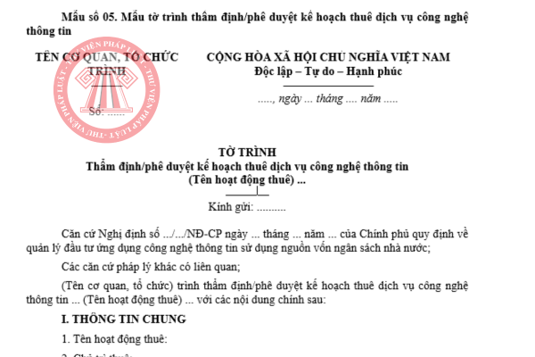 Mẫu tờ trình thẩm định kế hoạch thuê dịch vụ công nghệ thông tin 2026