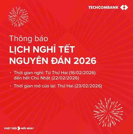 thức lịch nghỉ Tết âm lịch 2026 Ngân hàng Techcombank