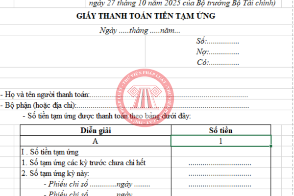 Mẫu giấy thanh toán tiền tạm ứng Excel năm 2026 theo Thông tư 99