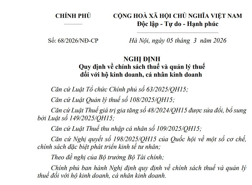 nghị định quản lý thuế hộ kinh doanh chính thức