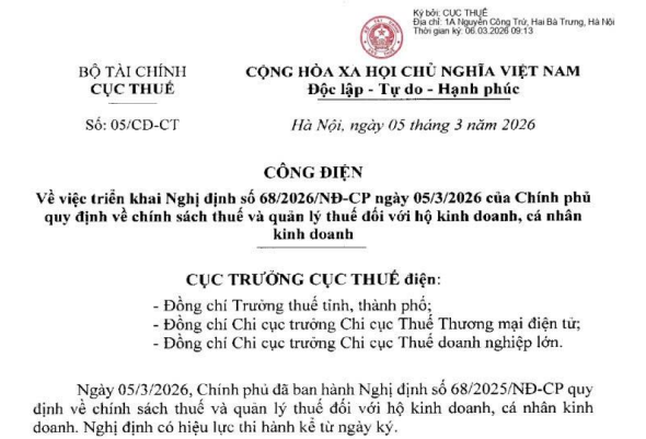 Công điện 05 hướng dẫn thuế hộ kinh doanh