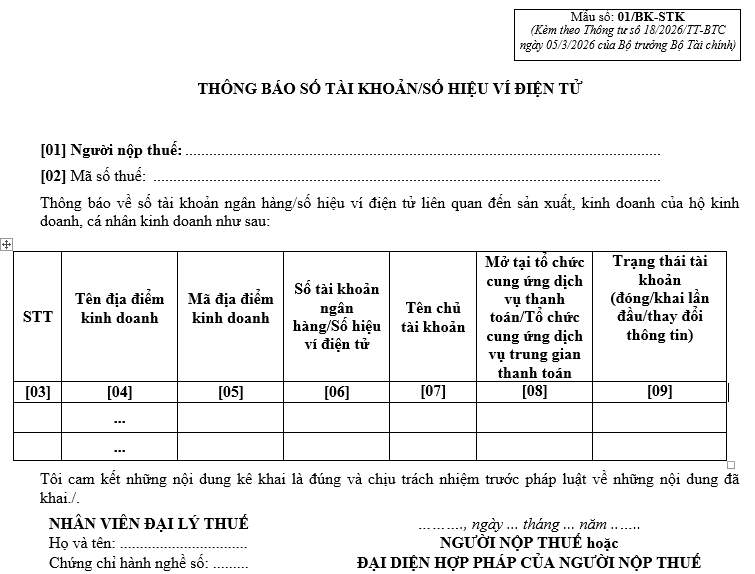 Thông báo tài khoản ngân hàng hộ kinh doanh