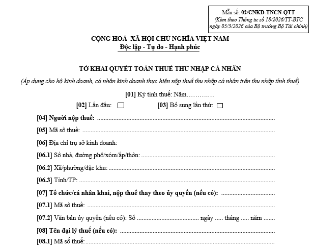 mẫu quyết toán thuế hkd