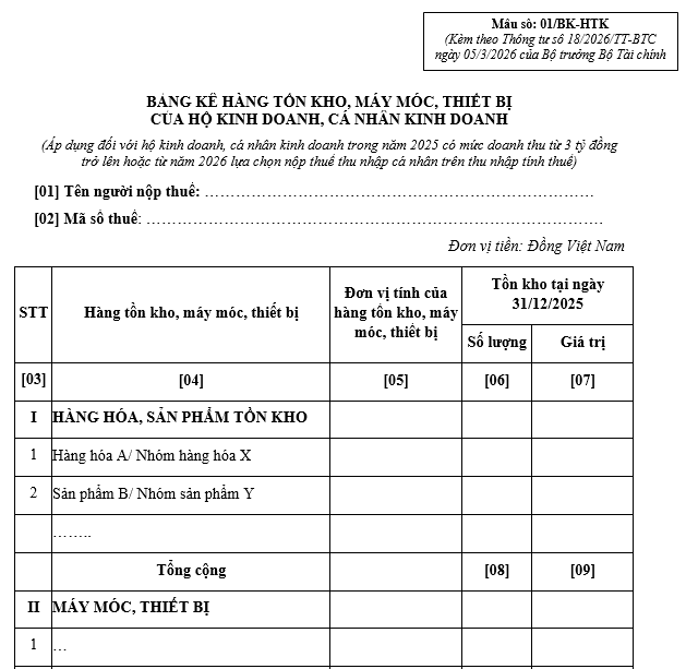 mẫu bảng kê hàng tồn kho hộ kinh doanh