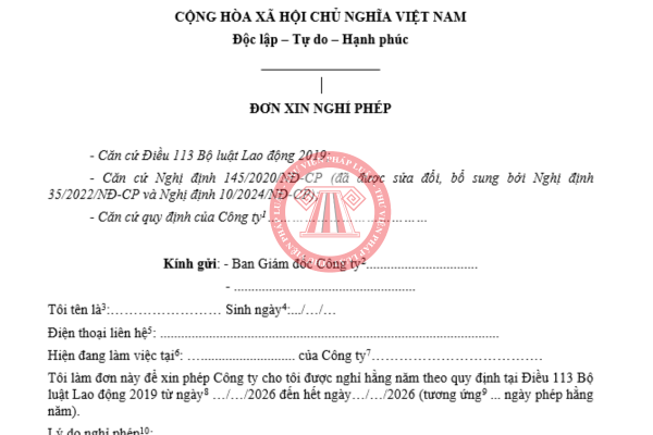 Tải về file word mẫu đơn xin nghỉ phép năm 2026 cho người lao động