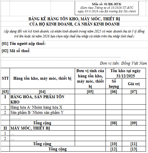 Mẫu kiểm kê hàng tồn kho Excel hộ kinh doanh 2026