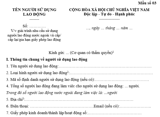 mẫu giải trình nhu cầu sử dụng lao động nước ngoài