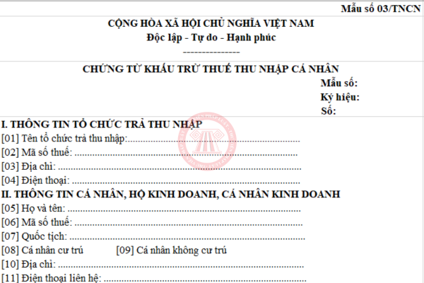 mẫu chứng từ khấu trừ thuế excel