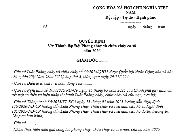 mẫu quyết định thành lập đội phòng cháy chữa cháy 2026